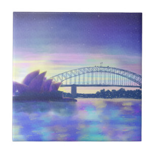 Pôr do sol roxo em Sydney Harbour em aquarela