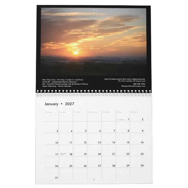 Pôr do sol sul da praia com o calendário de (Jan 2027)