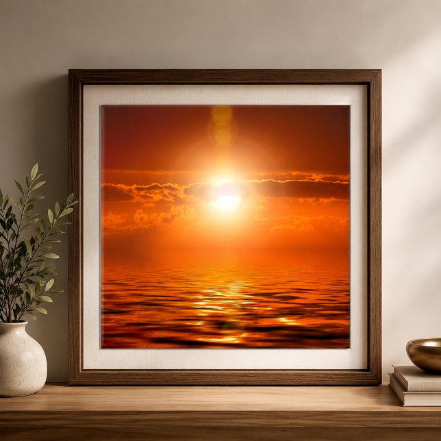 Pôr do Sol Tranquilo Laranja Céu Dourado Sobre Mar (Tranquil Sunset Orange Golden Sky Over Sea Ocean Ceramic Tile)