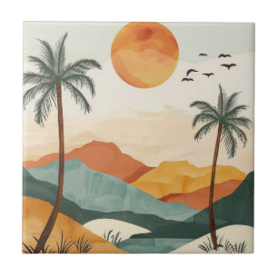 Pôr do Sol Tropical Retro Laranja Dourado na Monta