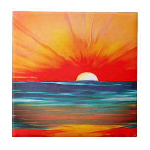 Pôr do sol vibrante no oceano em laranja e azul