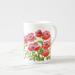 Porcelana A papoila de jardim vermelha floresce a caneca