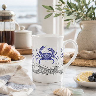 Porcelana Caneca de Café Caranguejo Azul Costeiro com Ondas