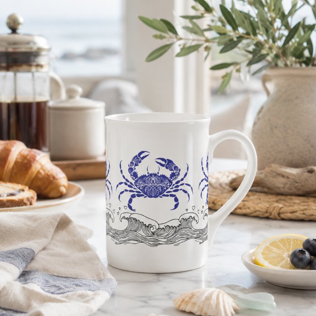 Porcelana Caneca de Café Caranguejo Azul Costeiro com Ondas  (Criador carregado)
