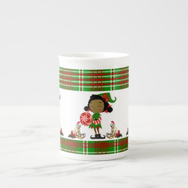 Porcelana Caneca de Natal, Elfo Africano, Feliz Natal (Frente)