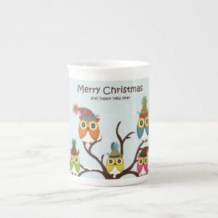 Porcelana Corujas do Feliz Natal na caneca de China de osso