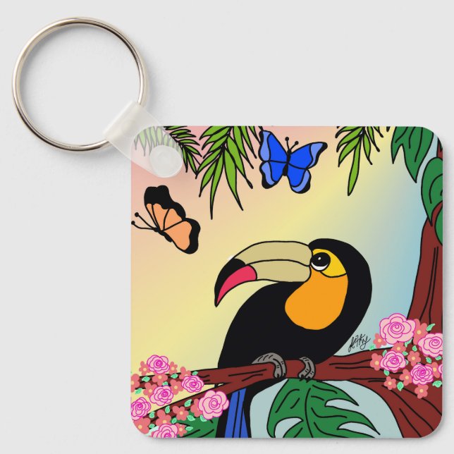 Porta-chaves Tucano tropical e borboletas (Frente)