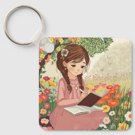 Porta-chaves Uma jovem de cabelos trançados