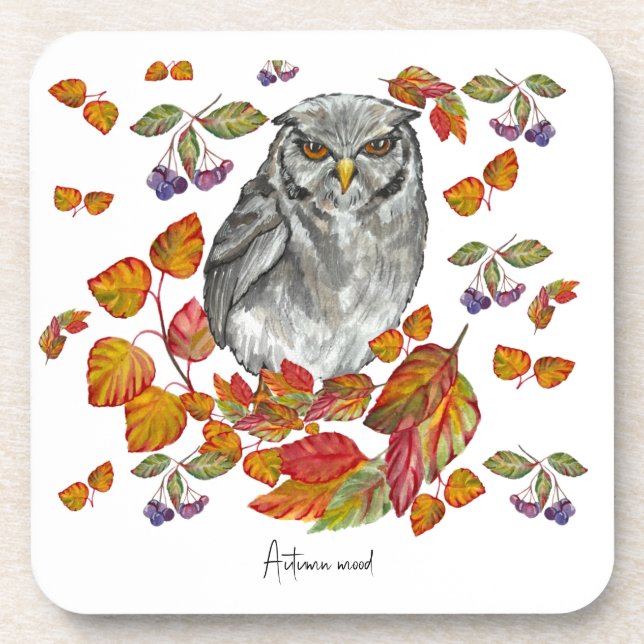Porta-copo A aquarela cai em lindas corujas e folhas (Frente)