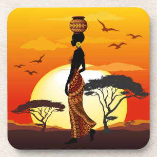 Porta-copo A linda mulher africana Silhouette sobre os sóis a