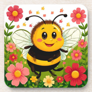 Porta-copo Abeia de desenho animado alegre cercada por flores