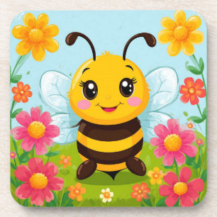 Porta-copo Abeja de desenho animado alegre rodeada por flores