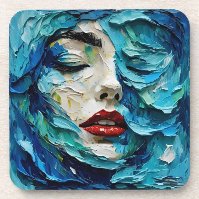 Porta-copo Abstract art painting female face ocean waves (Frente)