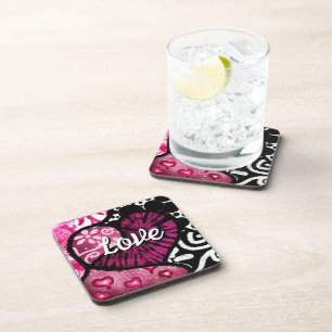 Porta-copo Abstrato Love Heart Pink Floral Bolinhas Pretas