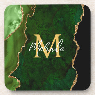 Porta-copo Ágata de Mármore Verde e Dourado