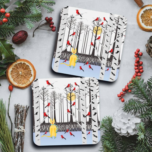 Porta-copo Alegria de inverno - Gato com Cardeais de Árvores  (Criador carregado)