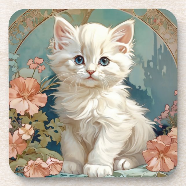 Porta-copo Alphonse Mucha Style White Cat (Frente)