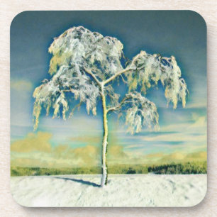 Porta-copo Amarelo Verde Azul Inverno Árvore Neves Aquarela