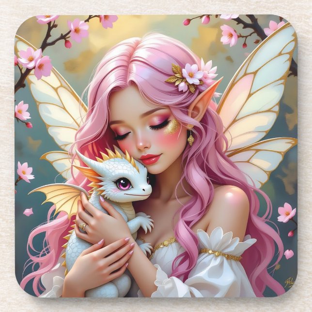 Porta-copo An Elegant Fairy and her Baby Dragon Personalized (Frente)