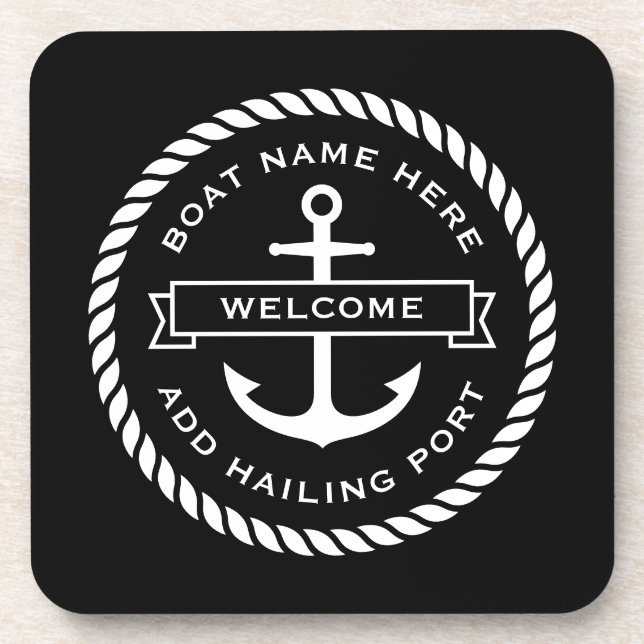 Porta-copo Anchor and rope boat name hailing port welcome (Frente)
