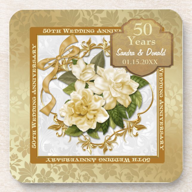 Porta-copo Aniversário Dourado Floral 50º de Casamento (Frente)