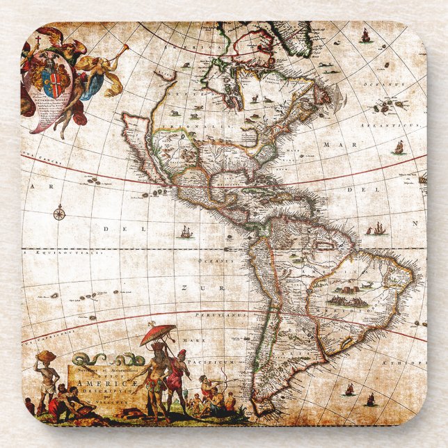 Porta-copo Antigo e antigo litógrafo de mapa da América do No (Frente)