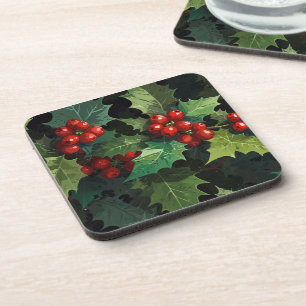 Porta-copo Aquarela de Natal folhas de bagas de azevinho botâ