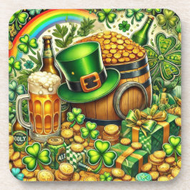 Porta-copo Aquarela Dia de São Patrício Cerveja, Moedas e Tre