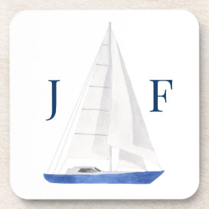 Porta-copo Aquarela Náutica de Barco à Vela Monogramada