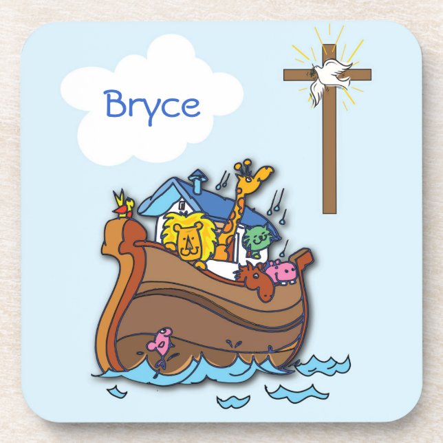 Porta-copo Arca de Noé Personalizável Batismo de Bebê, Menino (Frente)