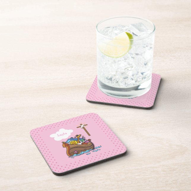 Porta-copo Arca de Noé personalizável Batismo, Menina Rosa (Lado Direito)