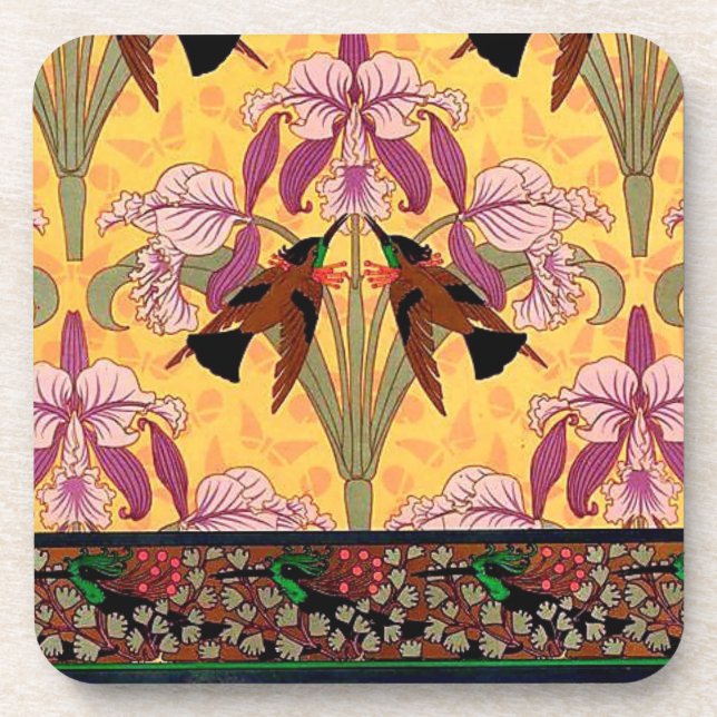 Porta-copo Art nouveau hummingbird e azulejo floral (Frente)