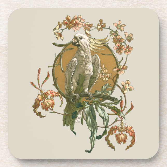 Porta-copo Arte Antiga Moderna, Ave Cacatua, Flores de Orquíd (Frente)