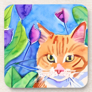 Porta-copo Arte Colorida em Aquarela   Gato Laranja e Flores
