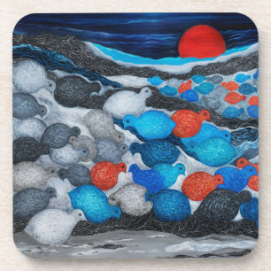 Porta-copo Arte de Floco de Pássaros Coloridos Lua Vermelha