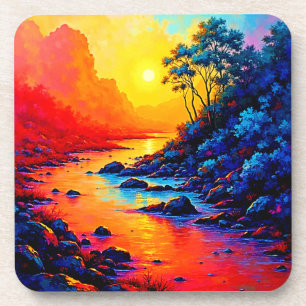 Porta-copo Arte de Paisagem do Rio do Pôr do Sol Vibrante