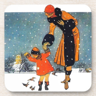 Porta-copo Arte Deco Vintage de Inverno Mãe e Filho na Neve 