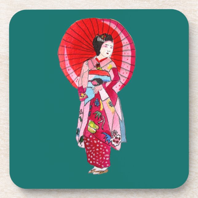 Porta-copo Arte engraçada japonesa Geisha red kimono (Frente)