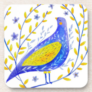 Porta-copo Arte Moderna de Pássaro Azul e Amarelo em Aquarela
