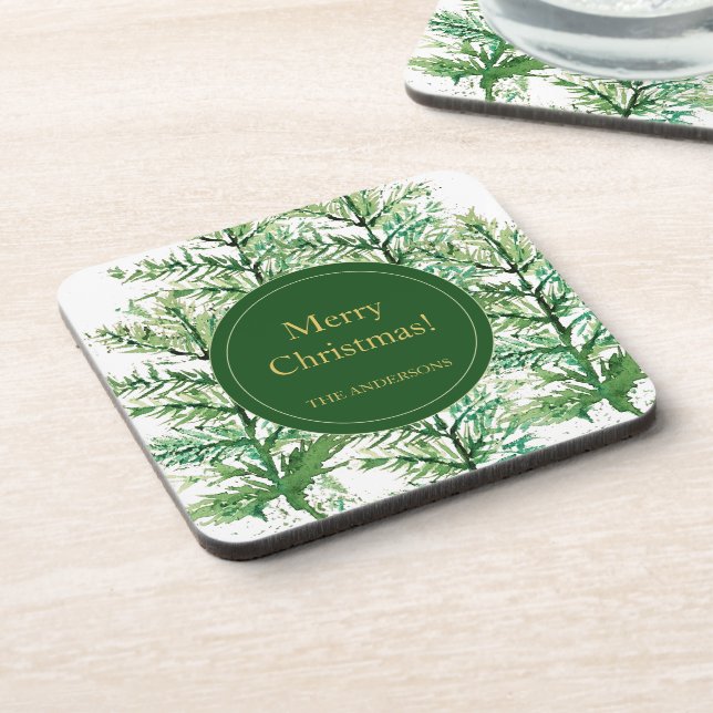 Porta-copo Árvore de Aquarela de Natal Merry personalizada (Left Side)