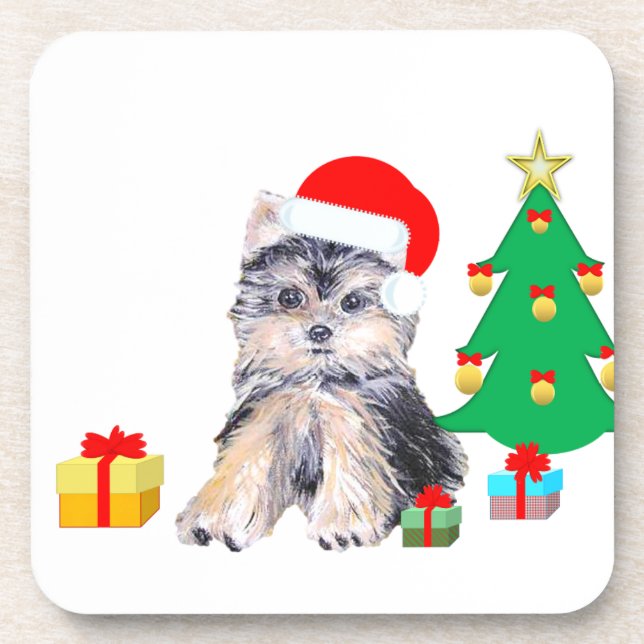 Porta-copo Árvore de Natal, cachorro Yorkshire e presentes (Frente)