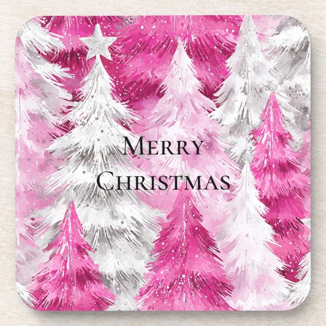 Porta-copo Árvores de Natal Rosa Menina Glam Prata Listras (Frente)