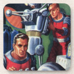 Porta-copo Astronautas Vintage Science Fiction consertando um<br><div class="desc">Ilustração vintage: aliens futuristas de ficção científica e imagem de robôs apresentando um homem trabalhando em seu robô metálico. Um astronauta é um piloto que controla os controles do seu foguete. Retro clássico com estilo cômico de 50 s design de ficção científica.</div>