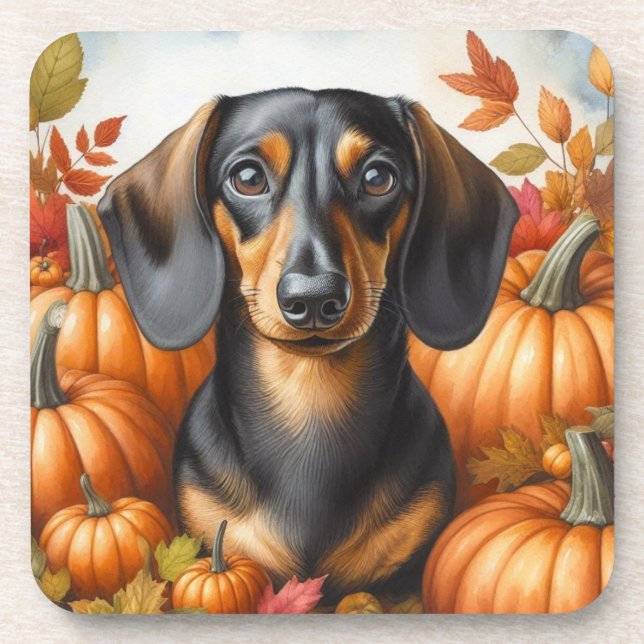 Porta-copo Autumn Dachshund Delight: Costa Preta e Caiu de Ta (Frente)