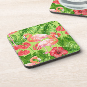 Porta-copo Aves Flamingo e plantas tropicais