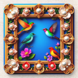 Porta-copo Aves Vibrantes Circundadas por Moldura Floral Orna