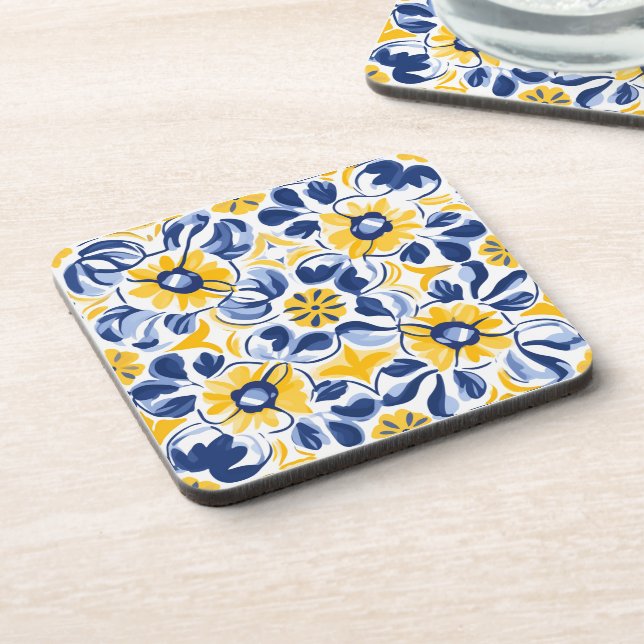 Porta-copo 💛 💙 Azul e amarelo, Azulejos florais (Left Side)