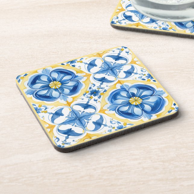 Porta-copo 💛 💙 Azul e amarelo, floral de aquarela Azulejos (Left Side)