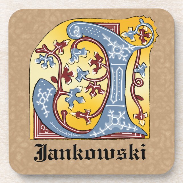 Porta-copo Azul Medieval e Vermelho - Letra Iluminada J (Frente)