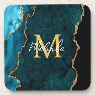 Porta-copo Azul Teal e Agato Marble Dourado
